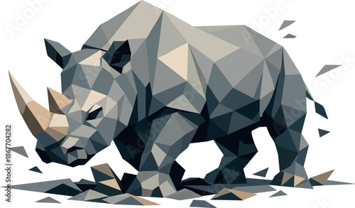 Low-Poly Rhinoceros Art. Low-poly vector illustration focused on a rhinoceros rendered in low-poly geometric style, faceted
