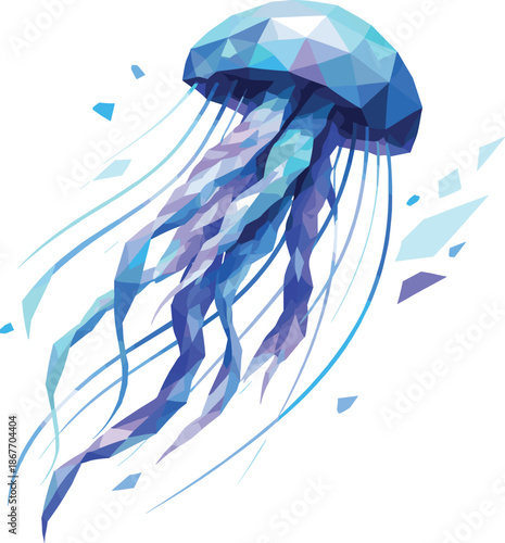Polygonal Jellyfish Elegance. Low-poly vector illustration focused on a jellyfish rendered in geometric low-poly style, faceted