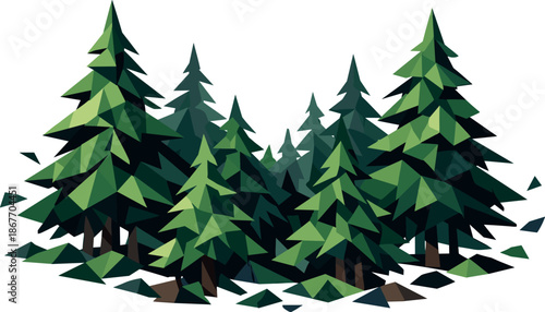 Geometric Forest Harmony. Low-poly vector illustration focused on a coniferous forest, polygonal geometric style with sharp