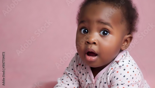 A random photo effect: a petite African American woman in pajamas expresses bewilderment against a pink background.