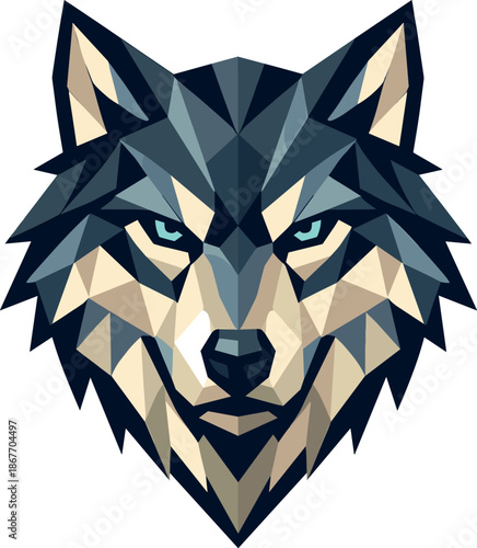Geometric Wolf Head. Low-poly vector illustration focused on a wolf head facing forward, polygonal geometric style with sharp
