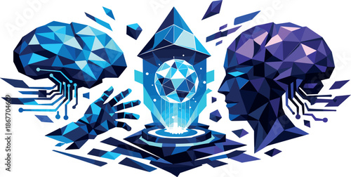 Futuristic Tech Innovation. Low-poly vector illustration focused on the future of technology and AI innovation, polygonal