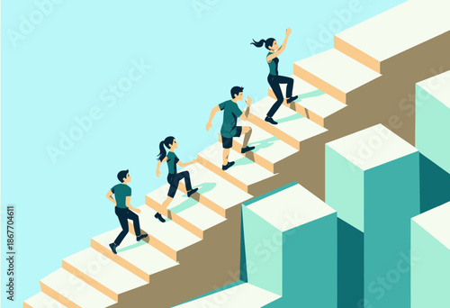 Illustration of Individuals Climbing Stairs Representing Progress and Personal Growth in a Simplified Geometric Style