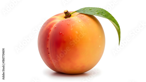 Ripe Peach with Water Droplets and Leaf – Fresh Fruit on White Background