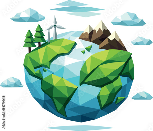 Eco Harmony Planet. Low-poly vector illustration focused on an eco planet symbolizing environmental harmony, polygonal geometric