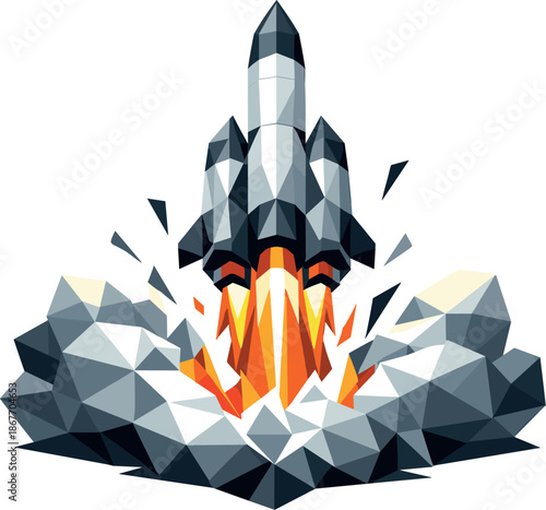 Geometric Rocket Launch. Low-poly vector illustration focused on a space rocket launching into the sky, polygonal geometric style