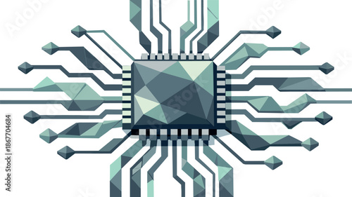 Abstract Microchip Technology. Low-poly vector illustration focused on an abstract microchip technology concept, polygonal