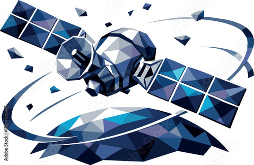 Futuristic Satellite Orbit. Low-poly vector illustration focused on a futuristic satellite orbiting a planet, polygonal geometric