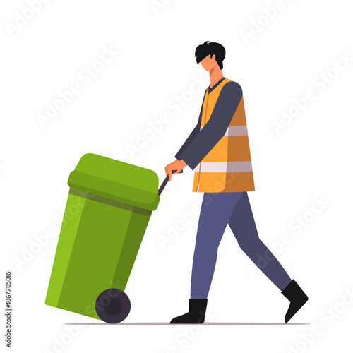 A sanitation worker dressed in a reflective safety vest is pushing a garbage bin on wheels. Waste collection service. Vector Not AI generated