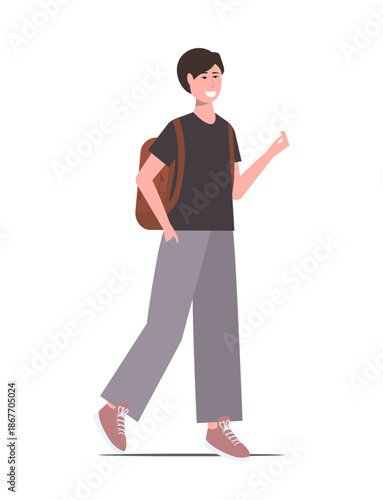  Happy asian schoolboy standing with backpack and ready to go to school. Education concept. Vector Not AI generate