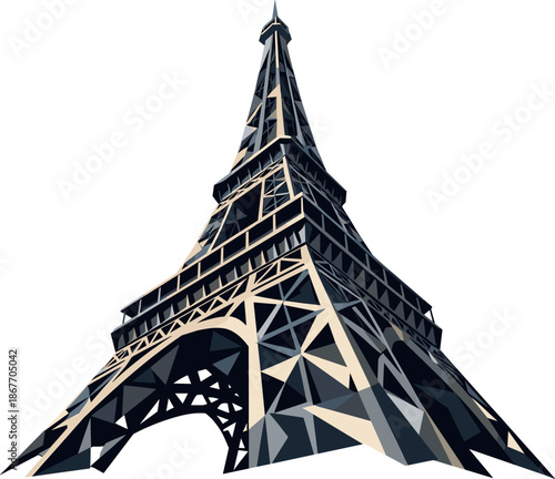 Geometric Eiffel Tower. Low-poly vector illustration focused on the Eiffel Tower viewed from a low-angle perspective, polygonal