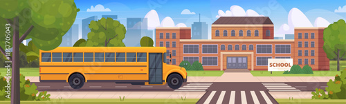 College, school or university exterior with yellow school bus. Highschool transport. Vector Not AI generated