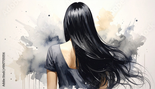 woman with long black hair from the back illustration
