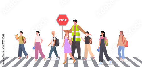 A crossing guard in a safety vest assists children as they cross the road at a crosswalk. A man holds a stop sign. Vector Not AI generated