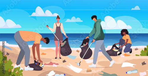  Group of people cleaning shore by collecting garbage into trash bags. Protecting the environment from plastic waste. Vector Not AI generated