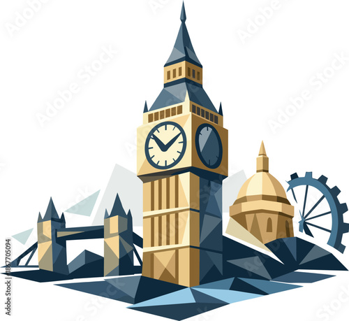 Geometric Big Ben Logo. Low-poly vector illustration focused on an iconic Big Ben symbol representing London and world landmarks,