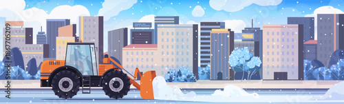 Municipal snow removal machine clearing snowy streets while snowflakes fall. Winter city background with tall buildings. Concept of public service, heavy machinery, and road safety. 