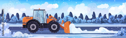 Snow plow drive tackles snowy road on bad weather and snow fall. Winter road, rural landscape. Vector Not AI generated