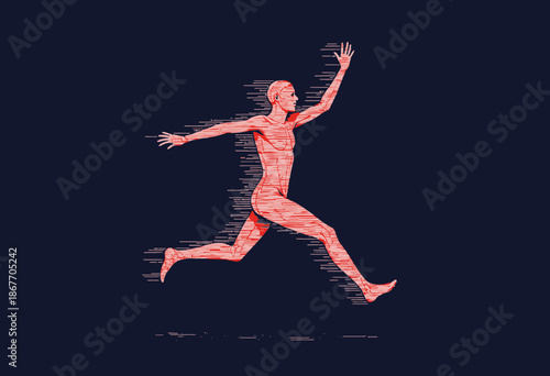 Dynamic Illustration of a Sprinting Human Figure Showcasing Muscular System with Digital Overlay Highlighting Motion and Anatomy