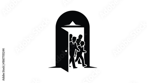 Silhouette of people entering doorway together under umbrella on rainy day outside urban cityscape