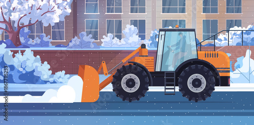 Winter city street with orange tractor clearing snow. Municipal snowplow removing snow from urban roads during snowfall