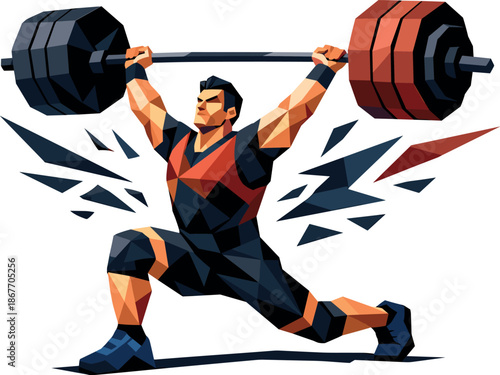 Geometric Weightlifting Art. Low-poly vector illustration focused on a weightlifter performing a clean and jerk, polygonal