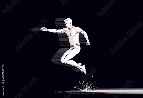 Dynamic Illustration of a Person in Mid-Air Action Against Dark Background with Light Effects and Energy Lines