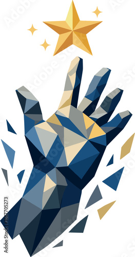 Reaching for Ambition. Low-poly vector illustration of a human hand reaching upward toward a glowing star as a symbol of ambition
