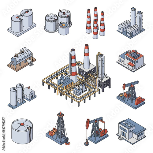 Oil Refinery and Equipment Isometric Icons.