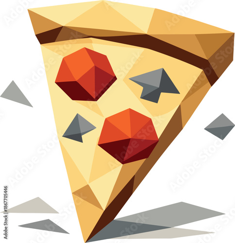 Low-Poly Pizza Slice. Low-poly vector illustration of a minimalist pizza slice icon symbolizing food, leisure, and social moments,