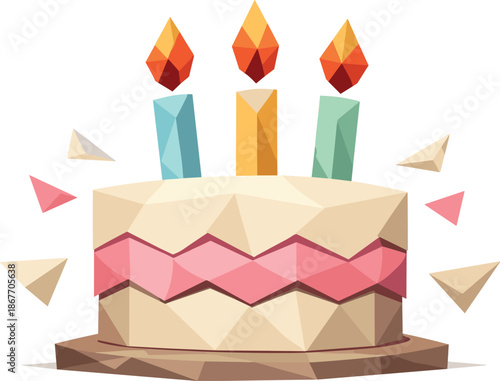Minimalist Birthday Cake. Low-poly vector illustration of a minimalist birthday cake icon with candles symbolizing celebration and