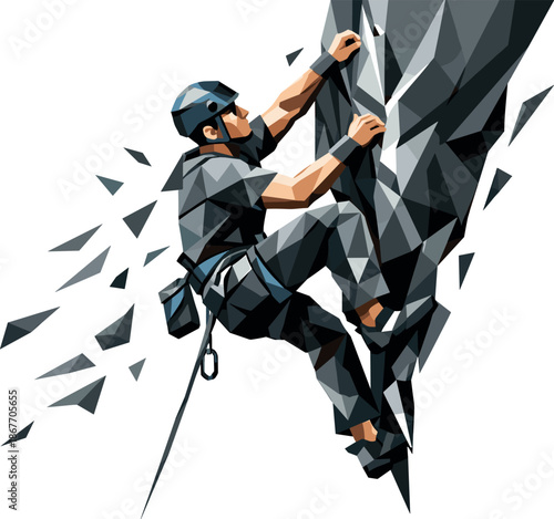 Modern Rock Climber. Low-poly vector illustration of a rock climber gripping a steep cliff face, polygonal geometric style, sharp