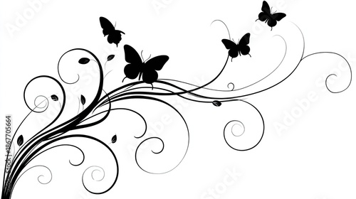 Black silhouette of ornate floral vines and butterflies on white background.