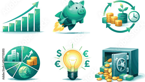 Financial Growth Symbols. Rising bar graph connected to piggy bank with rocket, compound interest cycle, diversified asset pie