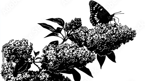 Butterfly lands on blooming cluster of flowers and leaves.