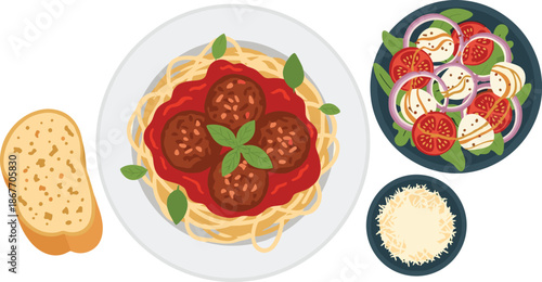 Delicious Italian food with pasta and salad