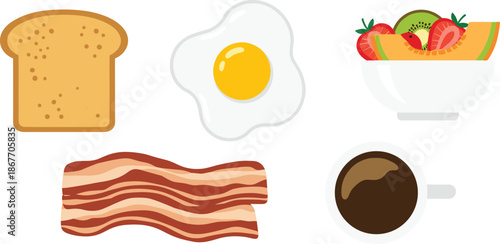 Delicious breakfast spread with toast, egg, bacon, and fresh fruit