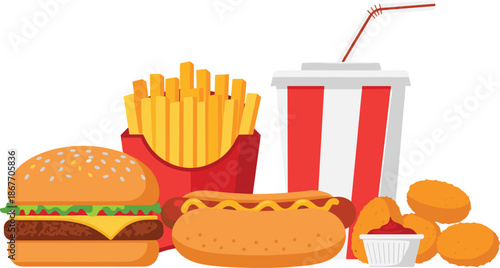 Fast food assortment with burger, fries, and soda