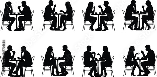 Black silhouettes of couples sitting at cafe tables, people drinking coffee and talking, romantic dates, cad drawing flat vector illustration, isolated