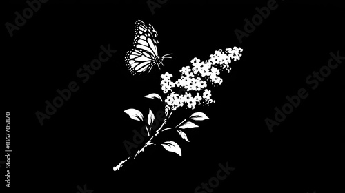 Butterfly rests on a branch of white flowers against a black background.