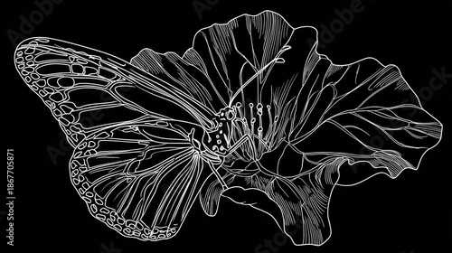 Butterfly rests on a detailed flower with delicate lines.