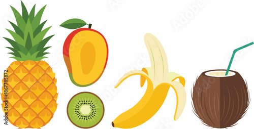 Colorful tropical fruit icons for healthy lifestyle and nutrition