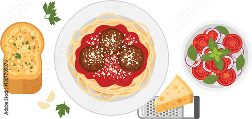 Delicious Italian meal with spaghetti, garlic bread, and fresh salad