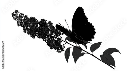 Black butterfly rests on a blooming branch against a white background.