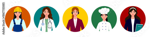 Young female characters with various professional occupation, front portraits of happy smiling girls workers in uniform cartoon vector illustration. Women of different professions and career
