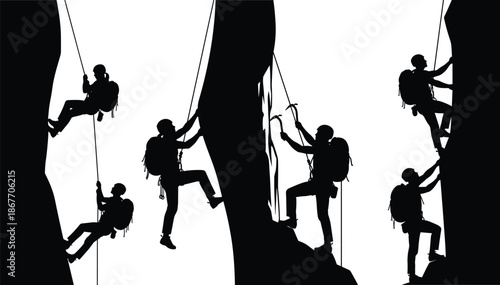 Black silhouette of rock climbers scaling steep mountains, mountaineers with ice axes, climbing gear, teamwork, adventure, cad drawing flat vector illustration, isolated.