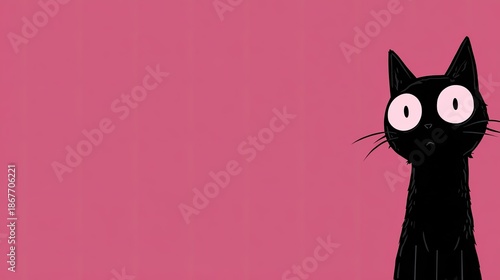 Black cat with big eyes looks with curiosity on pink background.