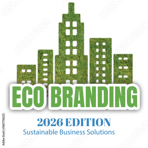 Eco-Branding 2026 Edition Template with Green Grass Skyline Icon for Sustainable Business Solutions and Urban Ecology.