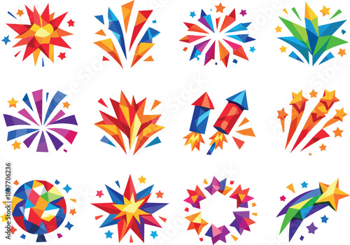 Polygonal Fireworks Icon Grid. Low-poly vector icon set of festive fireworks exploding in sharp geometric polygonal style with