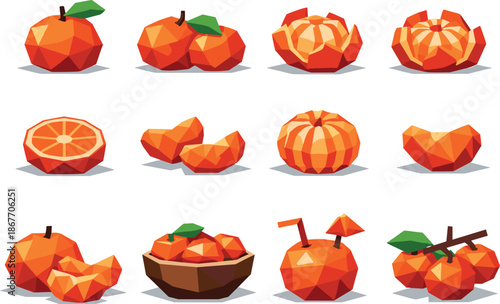 Mandarin Vector Icons. Geometric low-poly vector icons depicting mandarins arranged on a tabletop, built from angular polygonal